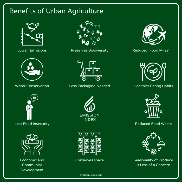 An infographic detailing the benefits of urban agriculture. It includes icons and text for lower emissions, biodiversity preservation, reduced 'food miles', water conservation, less packaging needed, healthier eating habits, decreased food insecurity, economic and community development, space conservation, and reduced concerns about the seasonality of produce. The Emission Index logo is at the center, emphasizing the environmental focus of the information presented.