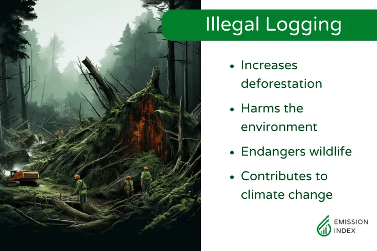 Graphic of Illegal loggers with accompany text highlighting how it increases deforestation rates, harms the environment, destroys habitats, and contributes to climate change