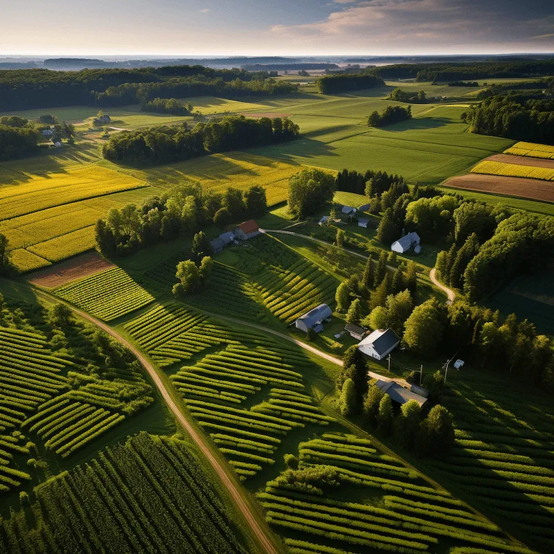 A vibrant aerial view of a farm practicing alley cropping, with parallel rows of tall trees sheltering a variety of crops below, demonstrating a sustainable land use strategy, during the peak of growing season.