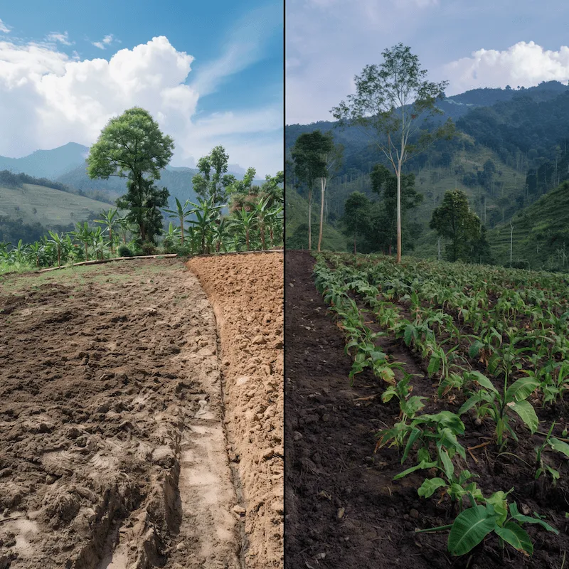 A split-view image showing the dramatic transformation of a degraded land into a thriving agroforestry system, with the left side depicting barren, eroded soil, and the right side a lush, productive landscape with mixed tree and crop cultivation.