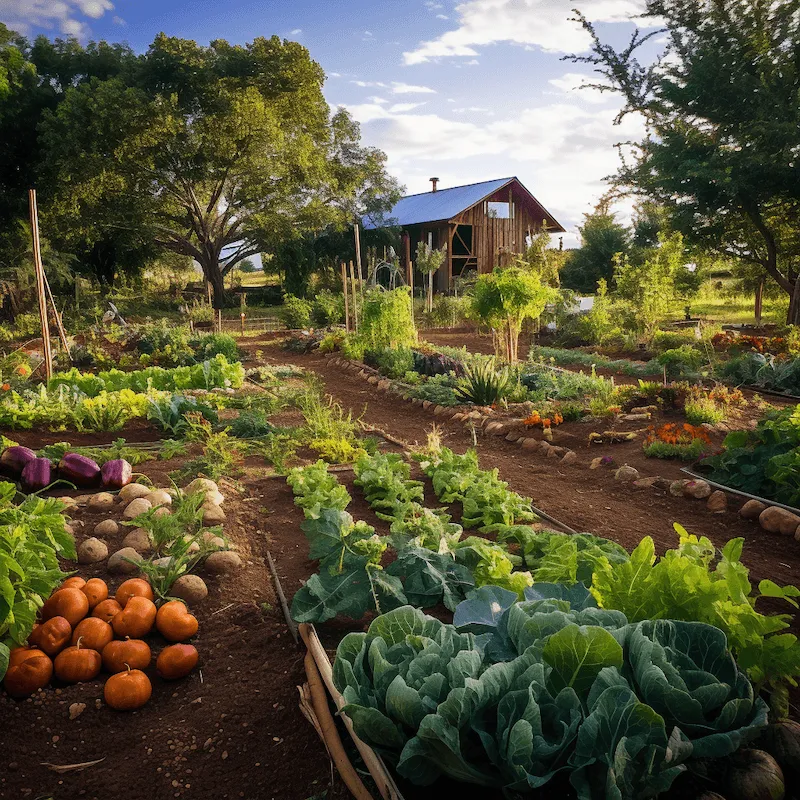 An abundant garden where fruit trees are interplanted with a colorful array of vegetables on the ground, illustrating an integrated, permaculture approach to food production.