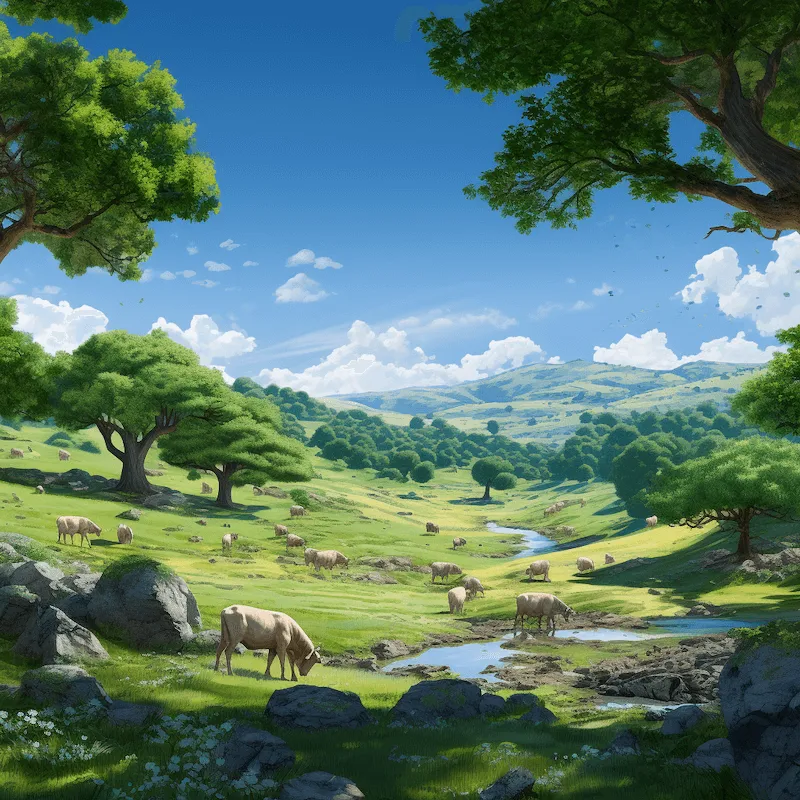 A serene landscape showcasing a diverse silvopastoral system with cattle grazing under a canopy of scattered oak trees, highlighting the integration of livestock and forestry on a sunny day.