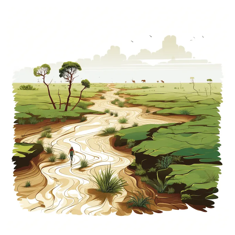 An illustration showing the effects of desertification on a once fertile land. A winding riverbed cuts through the scene, flanked by layers of soil and sparse vegetation. A lone figure walks along the riverbed, underscoring the vastness and isolation of the affected area.
