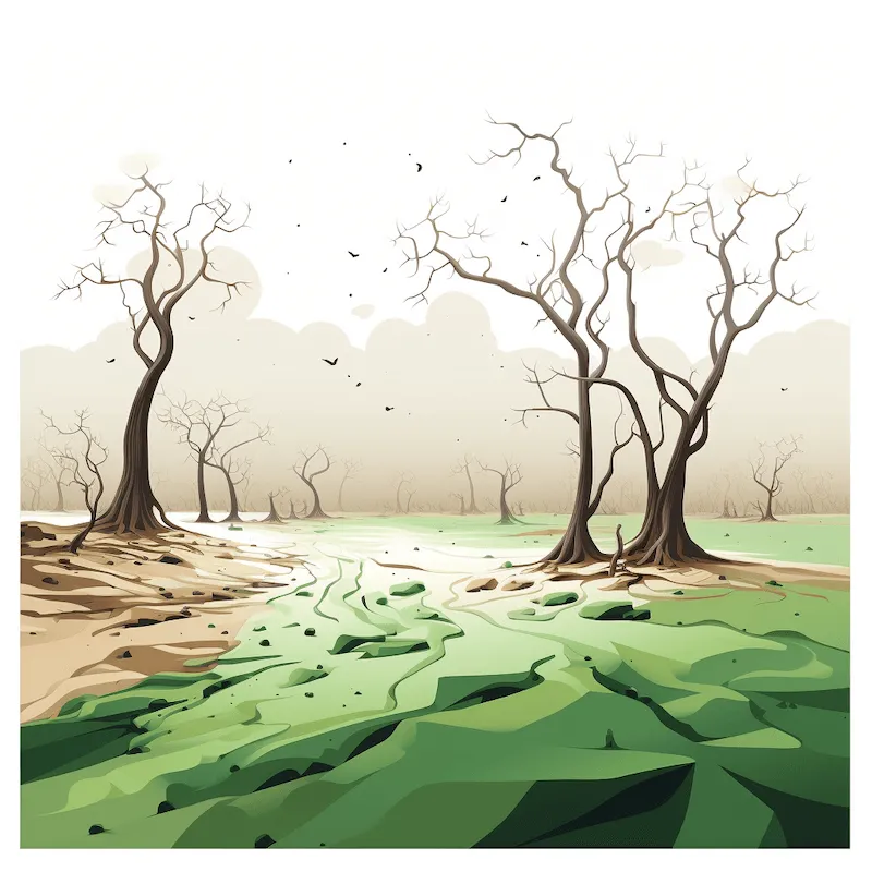 Artistic rendering of a barren landscape affected by desertification. Leafless trees rise above a cracked earth, with a few small patches of green grass attempting to grow. The grey sky above suggests an inhospitable and dry environment.