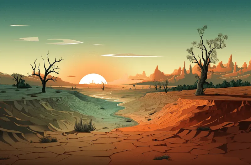 A depiction of a sunset in a desertified environment. The sun sets on the horizon, casting a warm glow over the arid landscape with scattered dead trees. A small river meanders through the cracked ground, highlighting the scarcity of water.