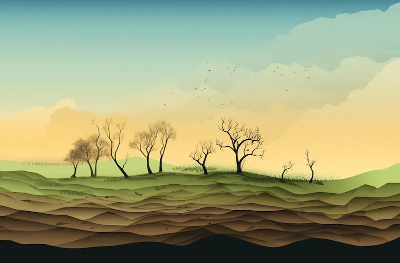 An illustration of a desertifying landscape with a cross-section view of the soil layers. Sparse, leafless trees stand on a green surface that transitions into cracked, dry layers of earth, indicating the loss of vegetation and soil moisture.