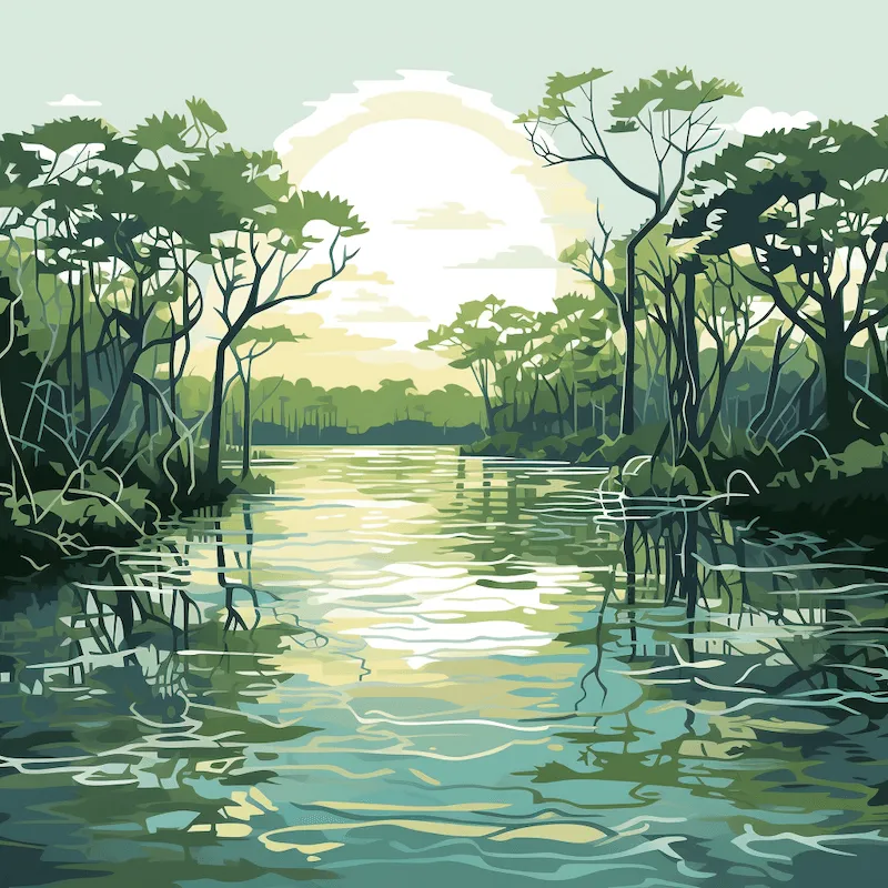 A serene illustration of a lush mangrove forest. The sun sets behind the dense mangroves, casting a soft light over the tranquil water reflecting shades of green and blue. The complex root systems of the mangrove trees are visible along the water's edge, highlighting the unique ecosystem