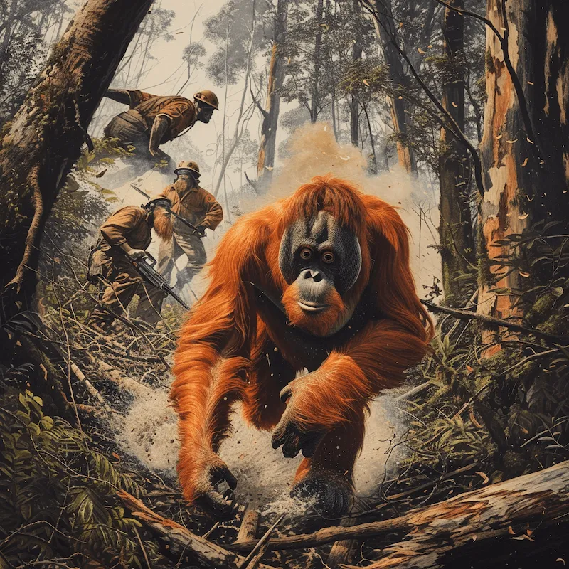 Orangutan fleeing from a forest where men are cutting down trees with chainsaws. The scene captures the urgency and panic of the orangutan as they rush away from the noise and destruction. In the background, loggers are visible, actively cutting through the trees with their equipment, oblivious to the chaos they're causing in the animal habitat. The contrast between the fleeing wildlife and the ongoing deforestation highlights the environmental impact of human activity on natural ecosystems.