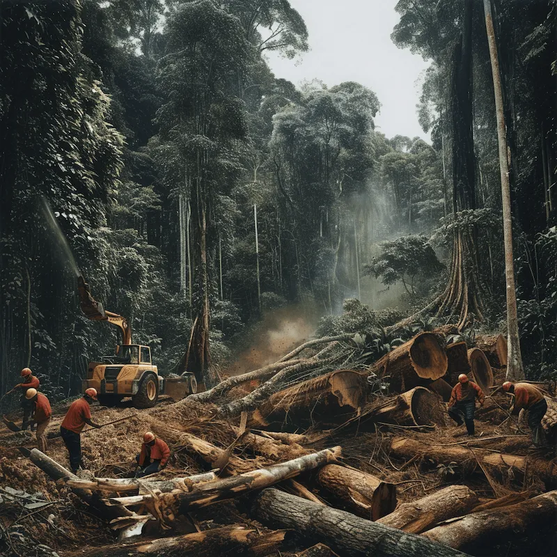Illegal logging activity in a dense forest. The scene shows a group of loggers cutting down trees with chainsaws, without any safety gear or authorization. Fallen trees and timber are scattered around, indicating the scale of the operation. The background features a lush forest, contrasting sharply with the cleared area. The atmosphere is tense, as the activity is clearly unauthorized, with no signs or permissions in sight. The image captures the environmental damage being done, highlighting the issue of illegal deforestation.