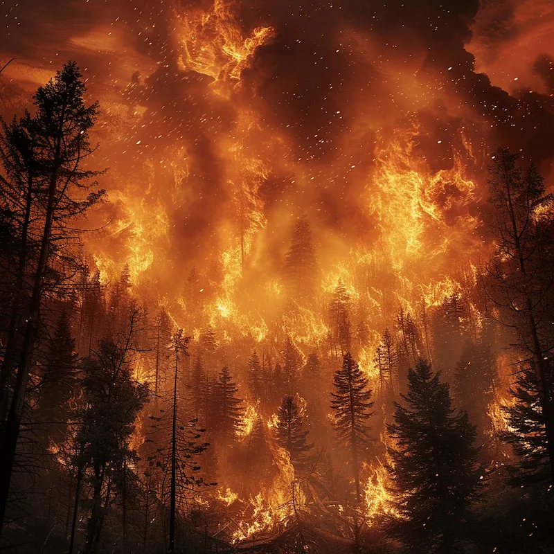 A raging forest fire. The scene is intense and dramatic, with towering flames engulfing trees and thick smoke billowing into the sky. The fire's glow illuminates the surrounding forest, casting a fiery orange light on the scene. Sparks fly through the air, and the heat distortion is visible. The perspective is from a safe distance, capturing the scale of the disaster and the power of nature's fury. The sky is darkened by smoke, creating a stark contrast with the bright flames.