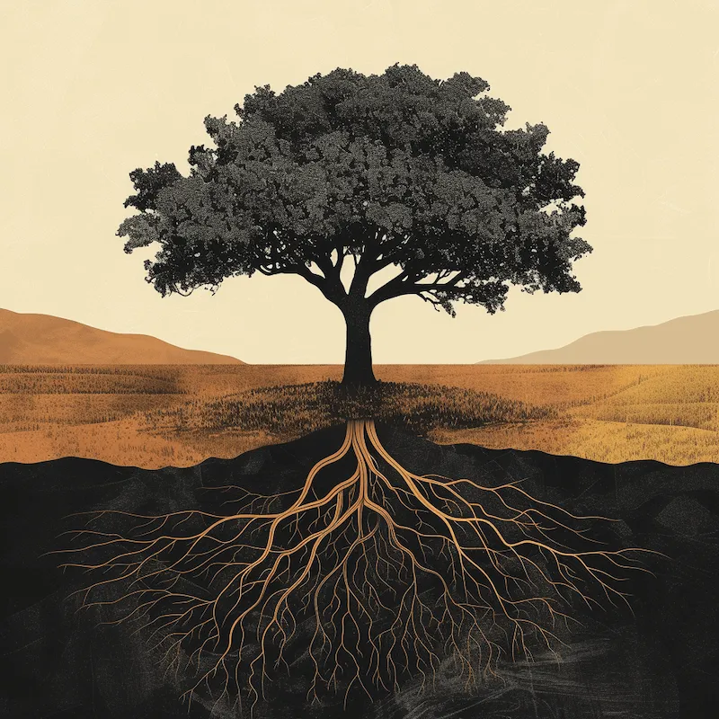 An evocative image of a tree with visible roots holding the earth, symbolizing carbon sequestration, with half of the scene thriving agroforestry landscape and half showing a barren land, representing climate impact mitigation through agroforestry.