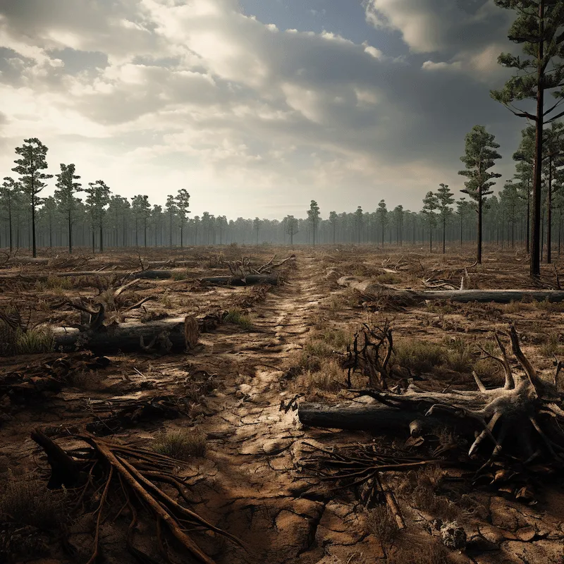 ast deforested area. The scene depicts a barren landscape where trees have been cleared, leaving behind stumps and scattered debris. The ground is uneven, marked by tire tracks and patches of eroded soil. In the distance, a few remaining trees outline the edge of the area, contrasting sharply with the cleared space. The sky is overcast, casting a somber light over the scene, highlighting the environmental impact of deforestation.